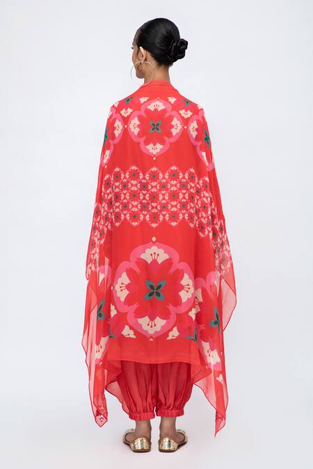 Shop Lila Red Cotton, Silk, Chiffon Xena Asymmetric Kurta Set With Printed Dupatta at Aza Fashions Shop_Lila_Red Cotton, Silk, Chiffon Xena Asymmetric Kurta Set With Printed Dupatta_at_Aza_Fashions