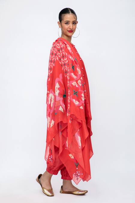 Shop Lila Red Cotton, Silk, Chiffon Xena Asymmetric Kurta Set With Printed Dupatta Online at Aza Fashions Shop_Lila_Red Cotton, Silk, Chiffon Xena Asymmetric Kurta Set With Printed Dupatta_Online_at_Aza_Fashions