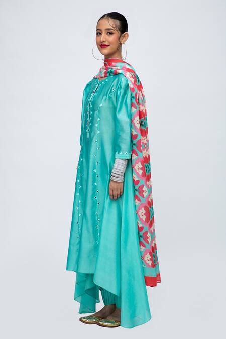 Lila_Blue Cotton, Silk Mirrors, Embroidery Round Zahira Asymmetric Kurta Pant Set_Online_at_Aza_Fashions