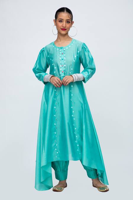 Buy_Lila_Blue Cotton, Silk Mirrors, Embroidery Round Zahira Asymmetric Kurta Pant Set_Online_at_Aza_Fashions