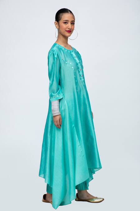 Shop_Lila_Blue Cotton, Silk Mirrors, Embroidery Round Zahira Asymmetric Kurta Pant Set_Online_at_Aza_Fashions