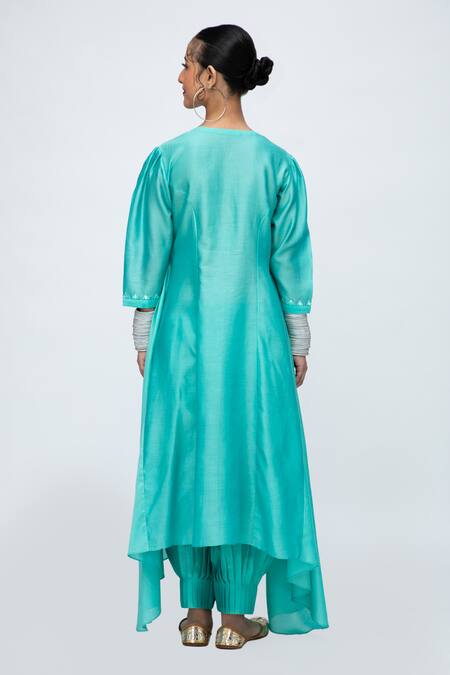 Lila_Blue Cotton, Silk Mirrors, Embroidery Round Zahira Asymmetric Kurta Pant Set_at_Aza_Fashions