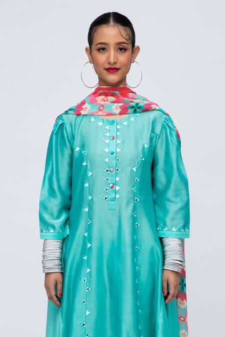 Buy_Lila_Blue Cotton, Silk Mirrors, Embroidery Round Zahira Asymmetric Kurta Pant Set