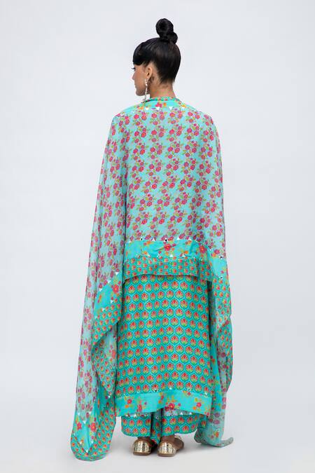 Shop Lila Blue Crepe Embroidery Round Neck Amina Floral Print Kurta Pant Set at Aza Fashions Shop_Lila_Blue Crepe Embroidery Round Neck Amina Floral Print Kurta Pant Set_at_Aza_Fashions