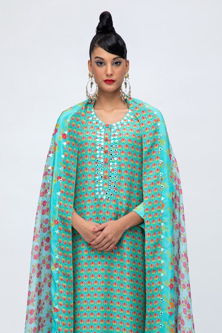 Lila Blue Crepe Embroidery Round Neck Amina Floral Print Kurta Pant Set Online at Aza Fashions Lila_Blue Crepe Embroidery Round Neck Amina Floral Print Kurta Pant Set_Online_at_Aza_Fashions
