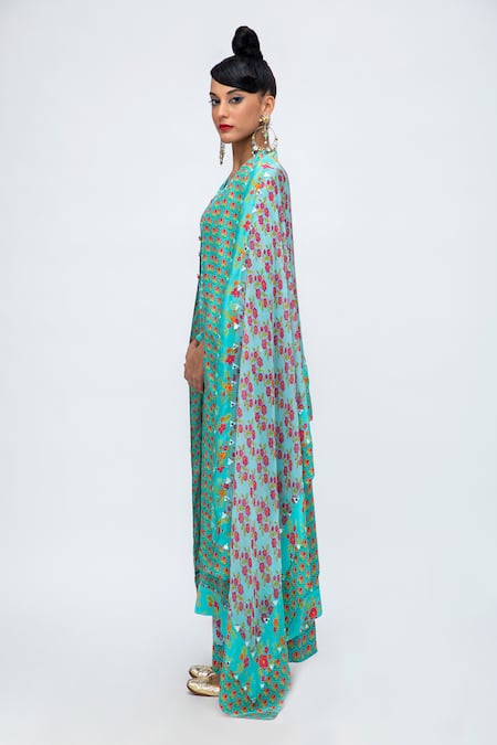 Buy Lila Blue Crepe Embroidery Round Neck Amina Floral Print Kurta Pant Set Online at Aza Fashions Buy_Lila_Blue Crepe Embroidery Round Neck Amina Floral Print Kurta Pant Set_Online_at_Aza_Fashions