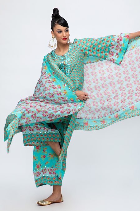 Shop Lila Blue Crepe Embroidery Round Neck Amina Floral Print Kurta Pant Set Online at Aza Fashions Shop_Lila_Blue Crepe Embroidery Round Neck Amina Floral Print Kurta Pant Set_Online_at_Aza_Fashions