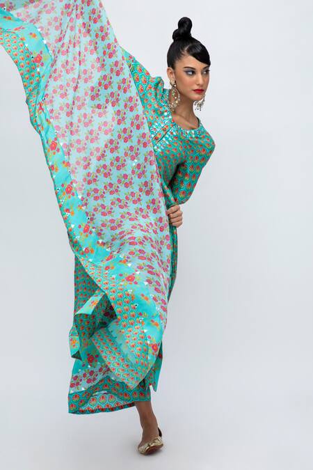 Lila Blue Crepe Embroidery Round Neck Amina Floral Print Kurta Pant Set at Aza Fashions Lila_Blue Crepe Embroidery Round Neck Amina Floral Print Kurta Pant Set_at_Aza_Fashions