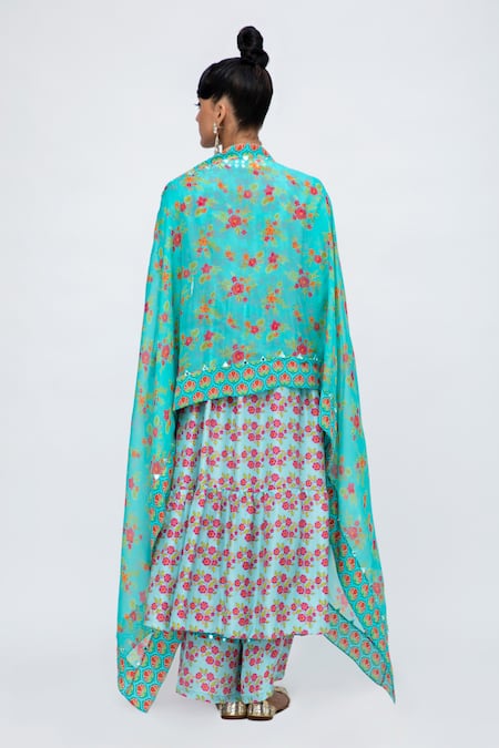 Shop Lila Blue Crepe, Chiffon Embroidery, Mirrors Anita Floral Print Anarkali Pant Set at Aza Fashions Shop_Lila_Blue Crepe, Chiffon Embroidery, Mirrors Anita Floral Print Anarkali Pant Set_at_Aza_Fashions