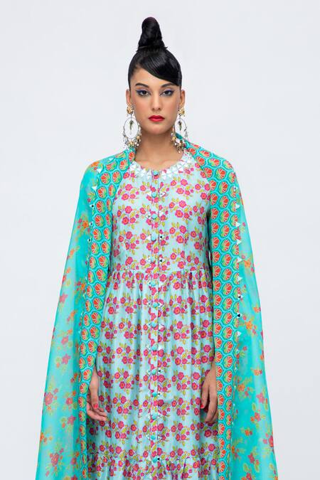 Lila Blue Crepe, Chiffon Embroidery, Mirrors Anita Floral Print Anarkali Pant Set Online at Aza Fashions Lila_Blue Crepe, Chiffon Embroidery, Mirrors Anita Floral Print Anarkali Pant Set_Online_at_Aza_Fashions