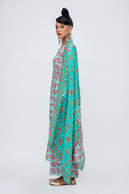 Buy Lila Blue Crepe, Chiffon Embroidery, Mirrors Anita Floral Print Anarkali Pant Set Online at Aza Fashions Buy_Lila_Blue Crepe, Chiffon Embroidery, Mirrors Anita Floral Print Anarkali Pant Set_Online_at_Aza_Fashions