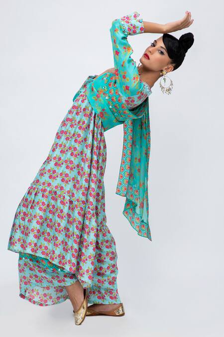 Shop Lila Blue Crepe, Chiffon Embroidery, Mirrors Anita Floral Print Anarkali Pant Set Online at Aza Fashions Shop_Lila_Blue Crepe, Chiffon Embroidery, Mirrors Anita Floral Print Anarkali Pant Set_Online_at_Aza_Fashions