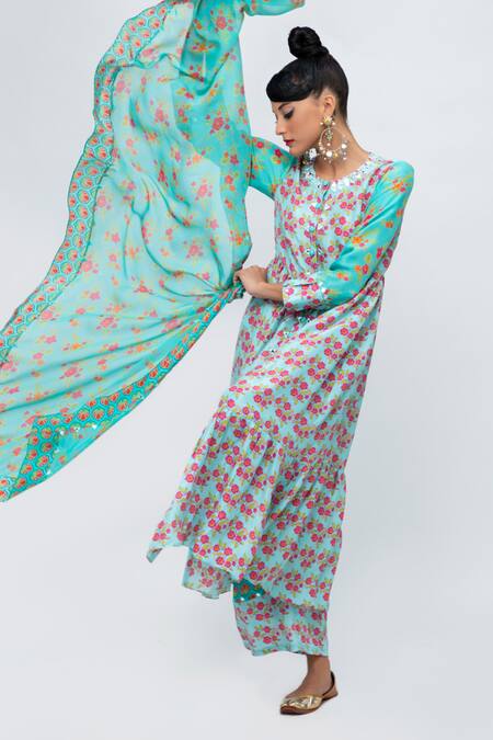 Lila Blue Crepe, Chiffon Embroidery, Mirrors Anita Floral Print Anarkali Pant Set at Aza Fashions Lila_Blue Crepe, Chiffon Embroidery, Mirrors Anita Floral Print Anarkali Pant Set_at_Aza_Fashions