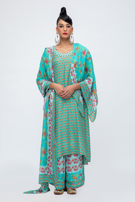 Lila Blue Crepe Printed Floral Round Fiza Blossom Kurta Pant Set 