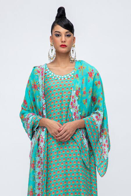 Lila Blue Crepe Embroidery Round Neck Fiza Floral Blossom Print Kurta Pant Set Online at Aza Fashions Lila_Blue Crepe Embroidery Round Neck Fiza Floral Blossom Print Kurta Pant Set_Online_at_Aza_Fashions