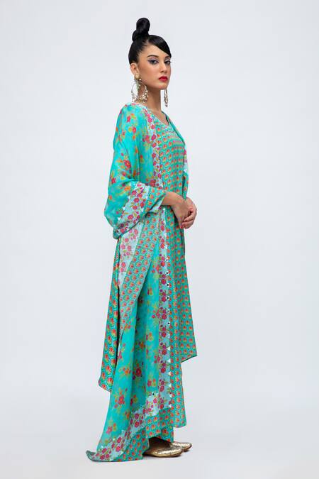 Buy Lila Blue Crepe Embroidery Round Neck Fiza Floral Blossom Print Kurta Pant Set Online at Aza Fashions Buy_Lila_Blue Crepe Embroidery Round Neck Fiza Floral Blossom Print Kurta Pant Set_Online_at_Aza_Fashions