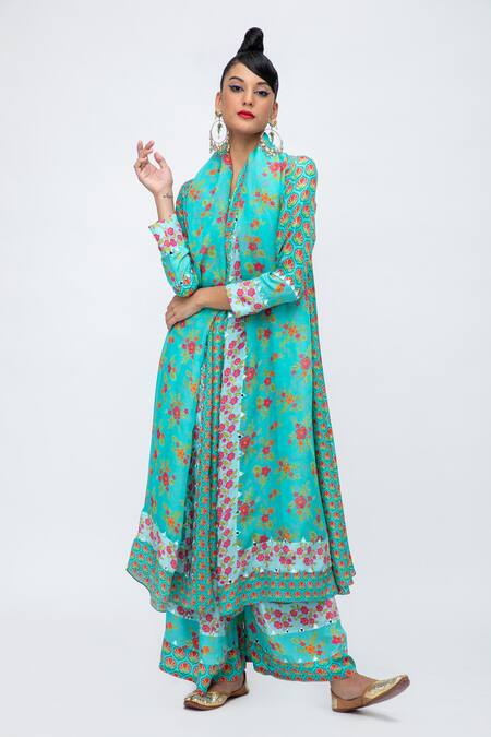 Shop Lila Blue Crepe Embroidery Round Neck Fiza Floral Blossom Print Kurta Pant Set Online at Aza Fashions Shop_Lila_Blue Crepe Embroidery Round Neck Fiza Floral Blossom Print Kurta Pant Set_Online_at_Aza_Fashions