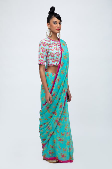 Buy_Lila_Blue Georgette Mirrors, Embroidery Round Hinaan Floral Print Saree With Blouse_Online_at_Aza_Fashions