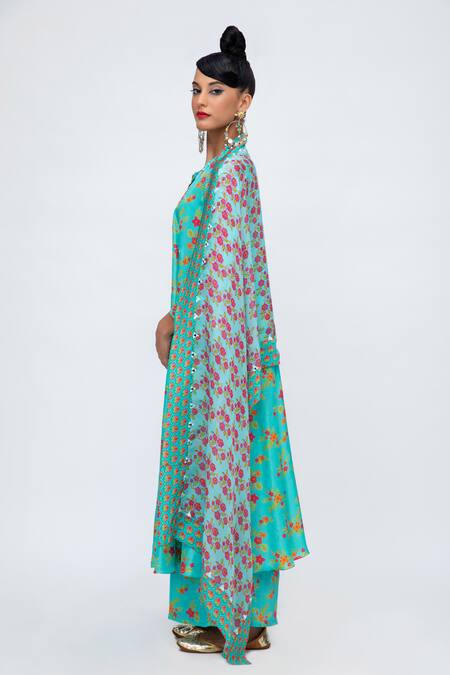 Lila_Blue Crepe Mirrors, Embroidery Round Karishma Botanic Print Anarkali Pant Set_Online_at_Aza_Fashions