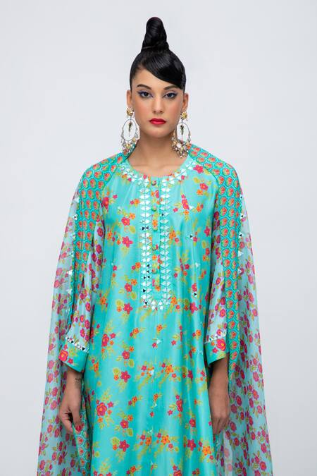 Buy_Lila_Blue Crepe Mirrors, Embroidery Round Karishma Botanic Print Anarkali Pant Set_Online_at_Aza_Fashions