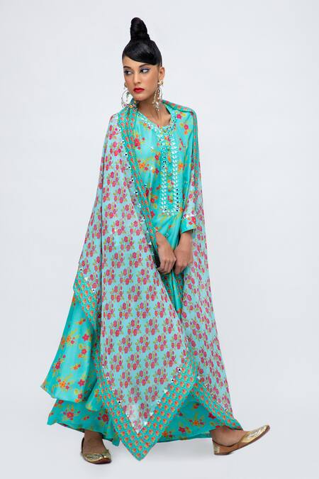 Shop_Lila_Blue Crepe Mirrors, Embroidery Round Karishma Botanic Print Anarkali Pant Set_Online_at_Aza_Fashions