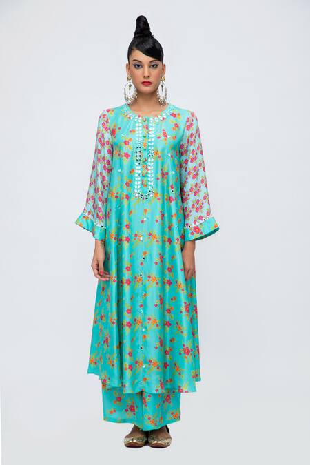 Lila_Blue Crepe Mirrors, Embroidery Round Karishma Botanic Print Anarkali Pant Set_at_Aza_Fashions