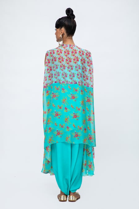 Shop Lila Blue Crepe Mirrors Round Neck Siana Floral Print Asymmetric Cape Pant Set at Aza Fashions Shop_Lila_Blue Crepe Mirrors Round Neck Siana Floral Print Asymmetric Cape Pant Set_at_Aza_Fashions