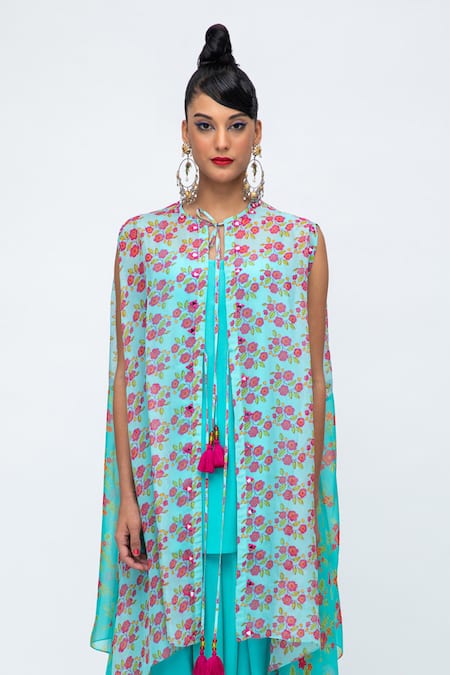 Lila Blue Crepe Mirrors Round Neck Siana Floral Print Asymmetric Cape Pant Set Online at Aza Fashions Lila_Blue Crepe Mirrors Round Neck Siana Floral Print Asymmetric Cape Pant Set_Online_at_Aza_Fashions