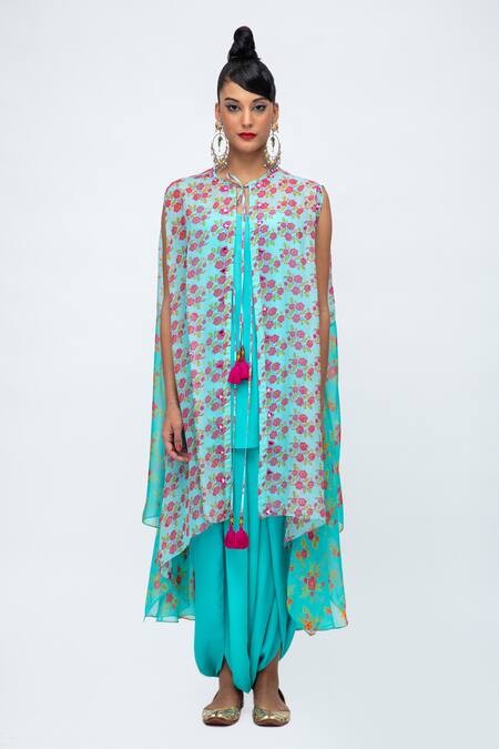 Buy Lila Blue Crepe Mirrors Round Neck Siana Floral Print Asymmetric Cape Pant Set Online at Aza Fashions Buy_Lila_Blue Crepe Mirrors Round Neck Siana Floral Print Asymmetric Cape Pant Set_Online_at_Aza_Fashions
