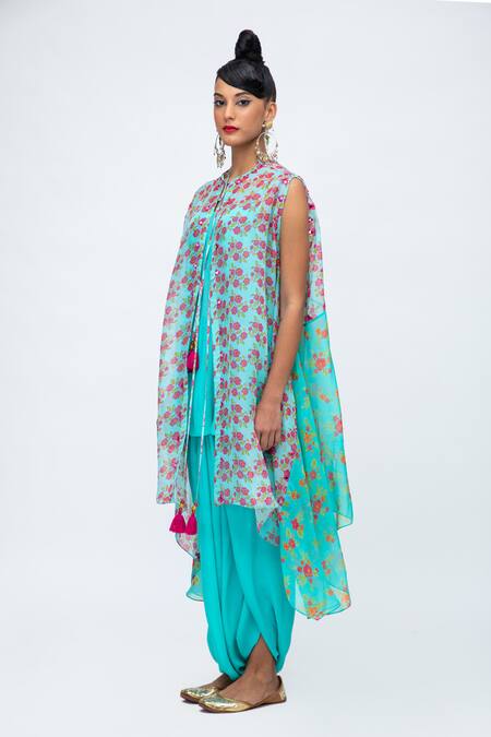 Shop Lila Blue Crepe Mirrors Round Neck Siana Floral Print Asymmetric Cape Pant Set Online at Aza Fashions Shop_Lila_Blue Crepe Mirrors Round Neck Siana Floral Print Asymmetric Cape Pant Set_Online_at_Aza_Fashions