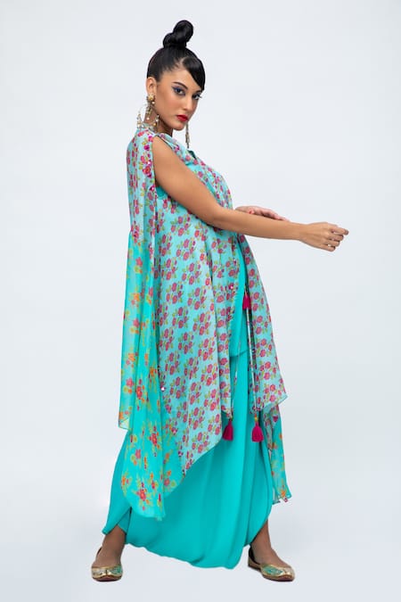 Buy Lila Blue Crepe Mirrors Round Neck Siana Floral Print Asymmetric Cape Pant Set Buy_Lila_Blue Crepe Mirrors Round Neck Siana Floral Print Asymmetric Cape Pant Set