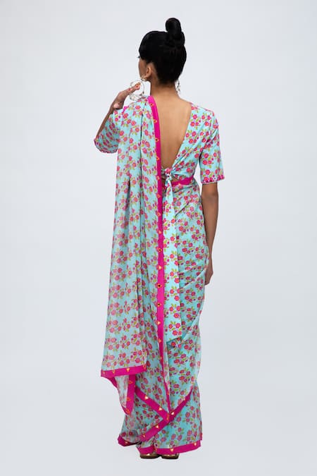 Shop Lila Blue Georgette Mirrors Round Neck Zia Floral Print Saree With Blouse at Aza Fashions Shop_Lila_Blue Georgette Mirrors Round Neck Zia Floral Print Saree With Blouse_at_Aza_Fashions