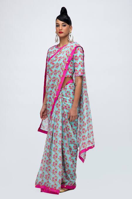 Lila Blue Georgette Mirrors Round Neck Zia Floral Print Saree With Blouse Online at Aza Fashions Lila_Blue Georgette Mirrors Round Neck Zia Floral Print Saree With Blouse_Online_at_Aza_Fashions