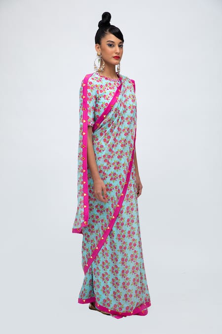 Buy Lila Blue Georgette Mirrors Round Neck Zia Floral Print Saree With Blouse Online at Aza Fashions Buy_Lila_Blue Georgette Mirrors Round Neck Zia Floral Print Saree With Blouse_Online_at_Aza_Fashions