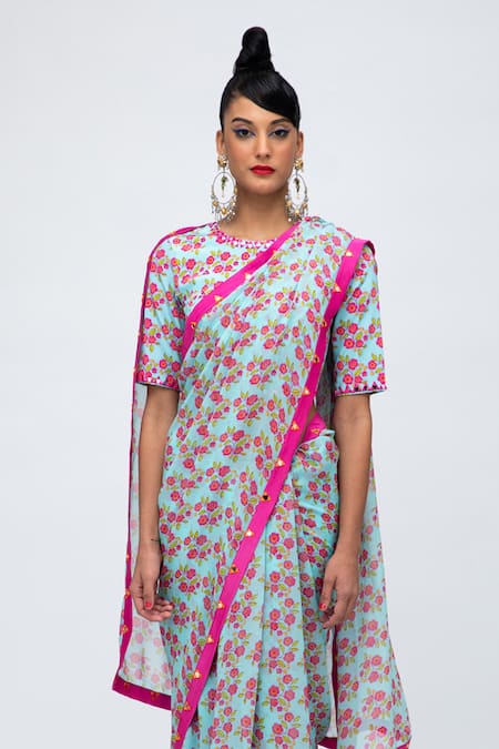 Shop Lila Blue Georgette Mirrors Round Neck Zia Floral Print Saree With Blouse Online at Aza Fashions Shop_Lila_Blue Georgette Mirrors Round Neck Zia Floral Print Saree With Blouse_Online_at_Aza_Fashions