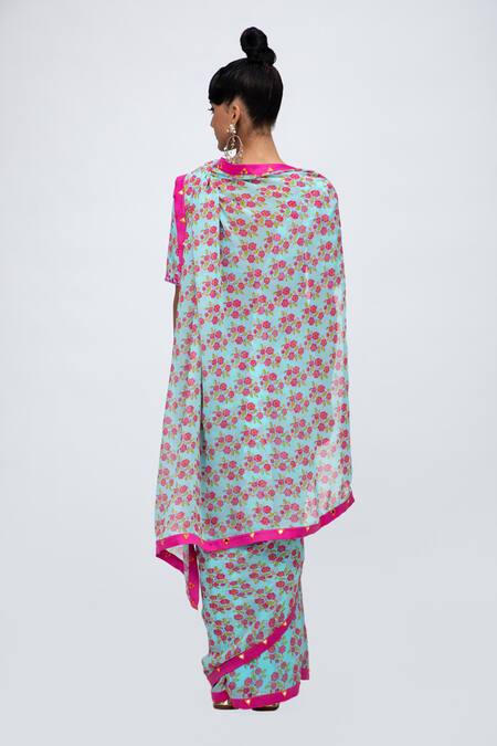 Lila Blue Georgette Mirrors Round Neck Zia Floral Print Saree With Blouse at Aza Fashions Lila_Blue Georgette Mirrors Round Neck Zia Floral Print Saree With Blouse_at_Aza_Fashions