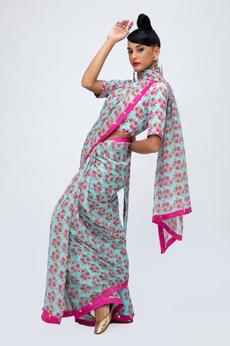 Buy Lila Blue Georgette Mirrors Round Neck Zia Floral Print Saree With Blouse Buy_Lila_Blue Georgette Mirrors Round Neck Zia Floral Print Saree With Blouse