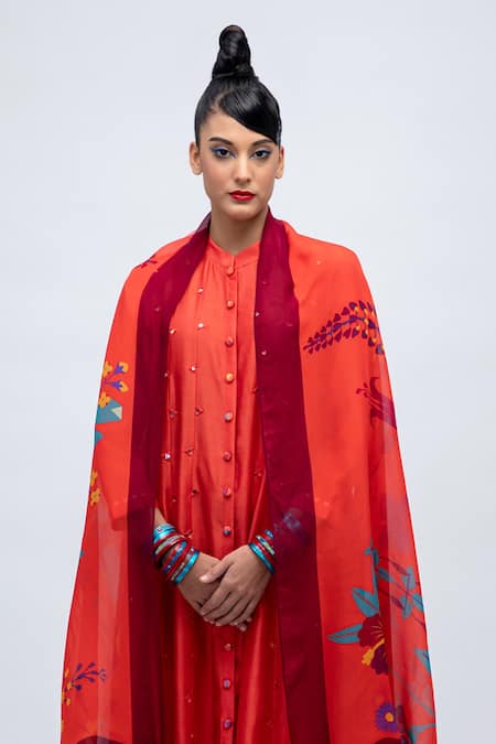 Lila_Red Cotton, Silk, Chiffon Mirrors, Patchwork Collared Amila Work Kurta Pant Set_Online_at_Aza_Fashions