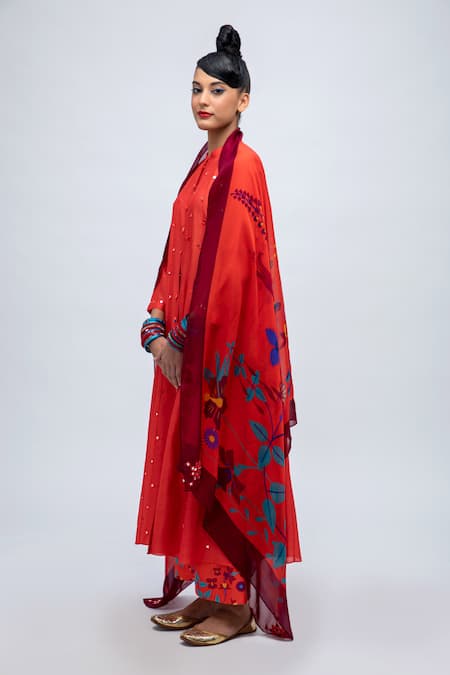 Buy_Lila_Red Cotton, Silk, Chiffon Mirrors, Patchwork Collared Amila Work Kurta Pant Set_Online_at_Aza_Fashions