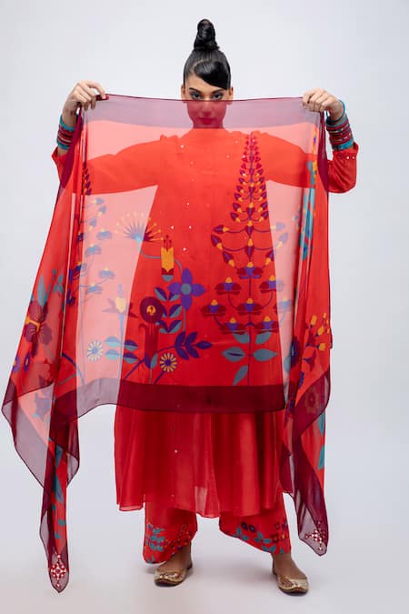 Shop_Lila_Red Cotton, Silk, Chiffon Mirrors, Patchwork Collared Amila Work Kurta Pant Set_Online_at_Aza_Fashions