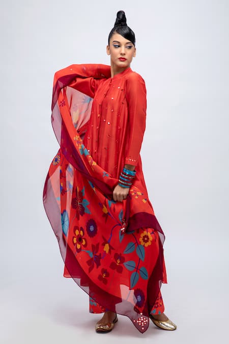 Lila_Red Cotton, Silk, Chiffon Mirrors, Patchwork Collared Amila Work Kurta Pant Set_at_Aza_Fashions