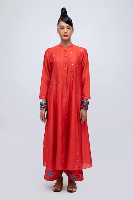 Buy_Lila_Red Cotton, Silk, Chiffon Mirrors, Patchwork Collared Amila Work Kurta Pant Set