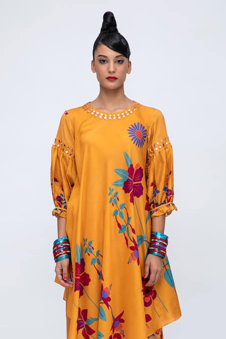 Lila Yellow Cotton, Silk Embroidery, Cara Floral Print Asymmetric Kurta And Pant Set Online at Aza Fashions Lila_Yellow Cotton, Silk Embroidery, Cara Floral Print Asymmetric Kurta And Pant Set_Online_at_Aza_Fashions