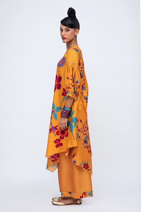 Buy Lila Yellow Cotton, Silk Embroidery, Cara Floral Print Asymmetric Kurta And Pant Set Online at Aza Fashions Buy_Lila_Yellow Cotton, Silk Embroidery, Cara Floral Print Asymmetric Kurta And Pant Set_Online_at_Aza_Fashions