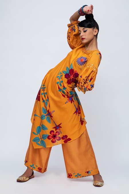 Shop Lila Yellow Cotton, Silk Embroidery, Cara Floral Print Asymmetric Kurta And Pant Set Online at Aza Fashions Shop_Lila_Yellow Cotton, Silk Embroidery, Cara Floral Print Asymmetric Kurta And Pant Set_Online_at_Aza_Fashions