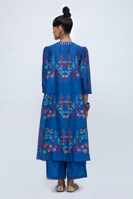 Shop Lila Blue Cotton, Silk Embroidery, Cheema Floral Print Straight Kurta And Pant Set at Aza Fashions Shop_Lila_Blue Cotton, Silk Embroidery, Cheema Floral Print Straight Kurta And Pant Set_at_Aza_Fashions