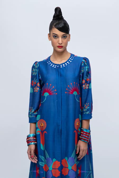 Buy Lila Blue Cotton, Silk Embroidery, Cheema Floral Print Straight Kurta And Pant Set Online at Aza Fashions Buy_Lila_Blue Cotton, Silk Embroidery, Cheema Floral Print Straight Kurta And Pant Set_Online_at_Aza_Fashions