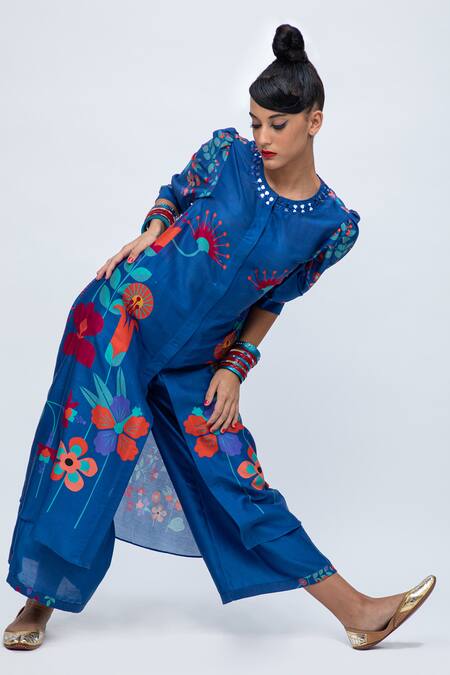 Shop Lila Blue Cotton, Silk Embroidery, Cheema Floral Print Straight Kurta And Pant Set Online at Aza Fashions Shop_Lila_Blue Cotton, Silk Embroidery, Cheema Floral Print Straight Kurta And Pant Set_Online_at_Aza_Fashions