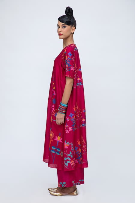 Buy_Lila_Red Cotton Satin, Cotton, Silk Embroidery, Creta Floral Print Kurta And Pant Set_Online_at_Aza_Fashions