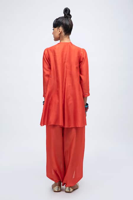 Shop_Lila_Orange Cotton Satin, Cotton, Silk Mirrors Dia Embroidered Kurta Pant Set _at_Aza_Fashions